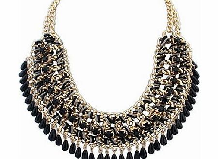 SUNNOW New Fashion Women Vintage Retro Bohemian Layered Colorful Gem Beads Pendants Tassel Bib Statement Chunky Chain Choker Necklace (Black)