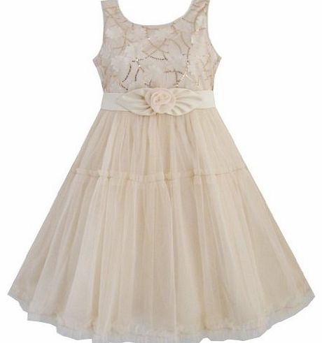 Sunny Fashion EE74 Girls Dress Shinning Sequins Beige Tulle Layers Wedding Pageant Kids Size 7-8 Years