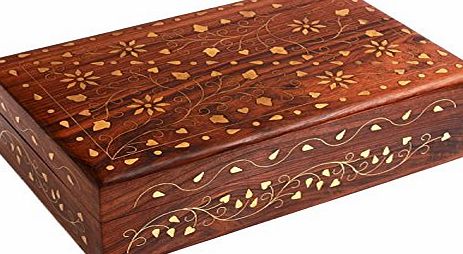 Hand Crafted Wooden Decorative Trinket Jewelry Box Organiser with Mughal Inspired Floral Carvings amp; Brass Inlay - Rhombus