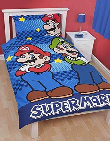 Super Mario Brothers Kids Reversible Single Duvet Cover Bedding Set (Single Bed) (Blue)