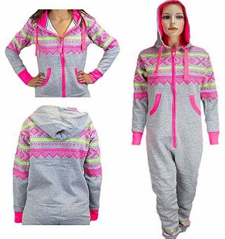 Unisex AZTEC ONESIE All In One Hooded Jumpsuit Tracksuit Mens Ladies Womens New (S, Silver grey-Hot Pink)