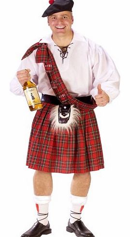 L - MENS FUN FANCY DRESS COSTUME 7 PIECE CRAZY SCOTSMAN OUTFIT WITH 4 SHOT GLASSES (large to XL) ST ANDREWS NIGHT, HOGMANAY CELEBRATIONS
