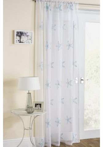 Supplied by Maple Textiles White Sheer Voile with Duck Egg Blue Seqin Star Petal Flower Design Curtain Panel 59`` x 48``