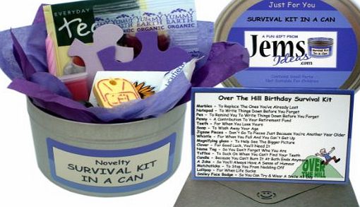 Humorous Over The Hill Birthday Survival Kit In A Can. Novelty Fun Gift - Happy Birthday Present amp; Card All In One. Any Age Getting Old Joke Gift. Customise Your Can Colour. (Purple/Lilac)