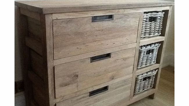 Sustainable Furniture UK Ltd Reclaimed Teak Storage Unit / Storage Chest with 3 Drawers plus 3 Kubu Grey Natural Wicker Basket