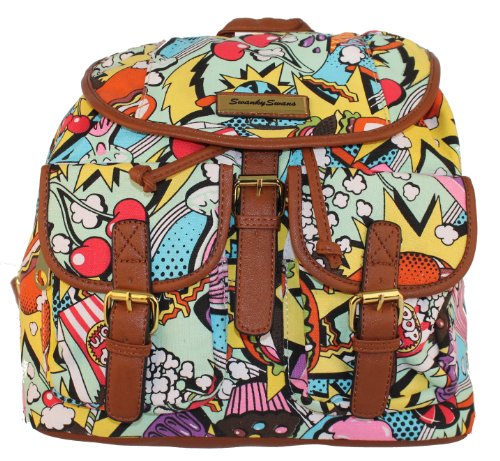 SwankySwans Punk Pop Art Print Twin Pocket Backpack / Rucksack / School Bag with brown trim