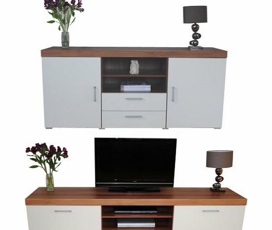 Sydney White amp; Walnut Sydney 2 Metre TV Cabinet amp; Large Sideboard Unit Living Room Furniture Set