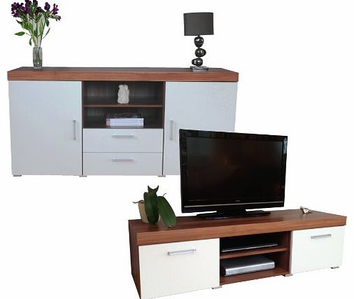 White & Walnut Sydney Large Sideboard & TV Cabinet 140cm Unit Living Room Furniture Set