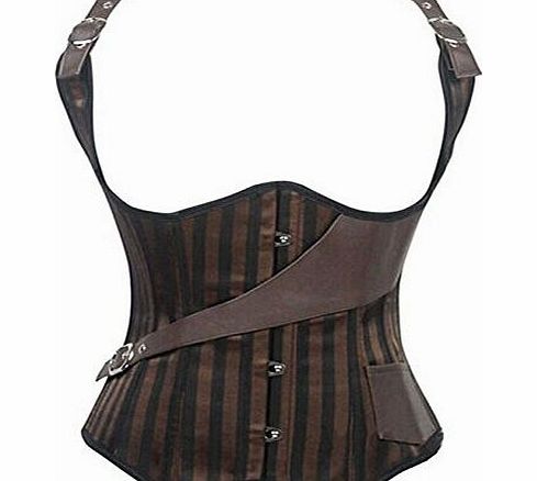 SZIVYSHI New Womens Underbust Steel Boned Vest Satin and Leather Brown Steampunk Corset (M, Brown)