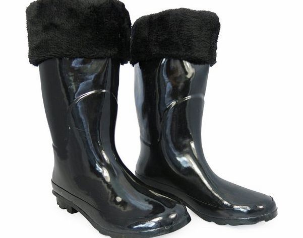 New Ladies Fur Winter Snow Rain Wellington Boots Black Size UK 6