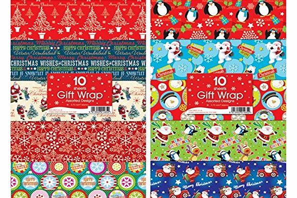 10 SHEETS CHRISTMAS GIFT WRAP WRAPPING PAPER ASSORTED CUTE & TRADITIONAL DESIGNS