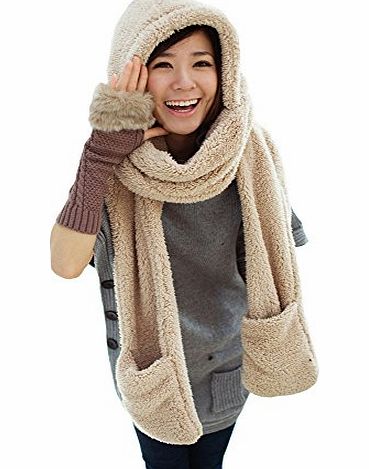 Tanya Girls Soft Faux Fur All In One Soft Hood Hats Scarf Gloves Cute! 3 Colors Avail! (Beige)
