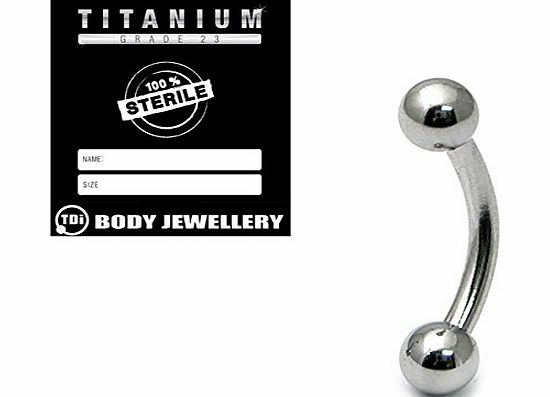 TDi bodyjewellery Sterile Titanium Body Jewellery in sterile pouch. Titanium Curved Belly Bar in Mirror Polish. 1.6mm gauge, 12mm length with a 5mm ball and an 8mm ball (standard navel bar ball sizes).