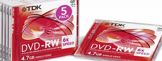 TDK T19431 DVD-RW Rewritable Blank Discs 4.7 GB 2-6x Speed with Jewel Case Pack of 5