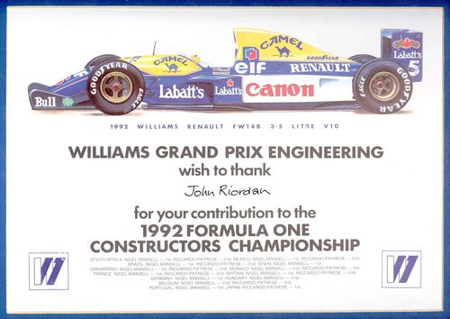 Team Memorabilia Williams 1992 Constructors Certificate