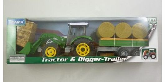TEAMA Diecast Metal Green Tractor and Digger with Bale Trailer Set 1:32 Scale