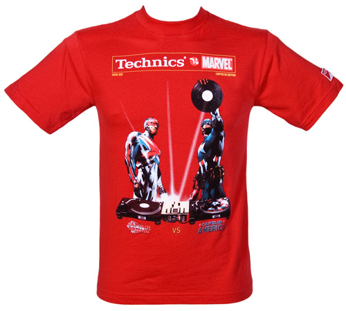 Technics vs Marvel Mens Captain America Mixing DJ Red T-Shirt