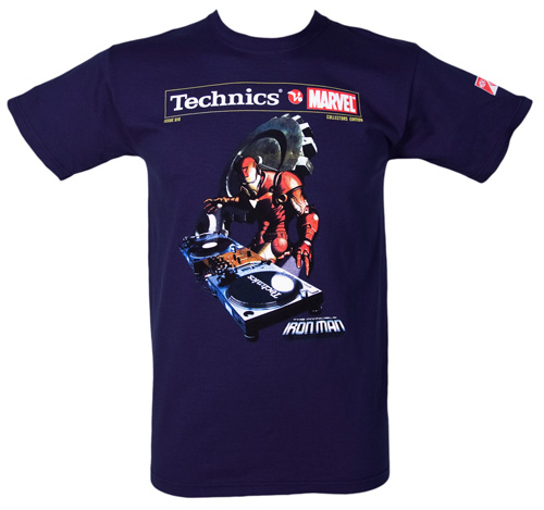 Technics vs Marvel Mens Iron Man Vinyl DJ Navy T-Shirt from