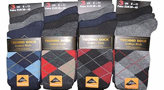 Techno Socks 12 Pairs Mens Designer Patterned Cotton Formal Dress Socks Size UK 6-11 EUR 39-45 (ARGYLE DESIGN)