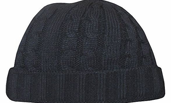 Adults Unisex Cable Knit Design Chunky Thermal Winter Beanie Hat with Turnover Brim (Black)