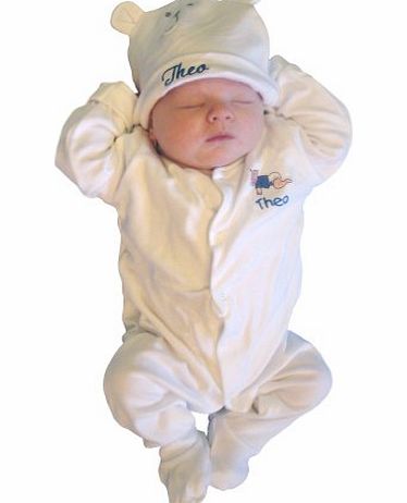 TeddyTs Baby Boys amp; Girls Personalised White Baby All In One Sleepsuit (3-6 Months, Blue)