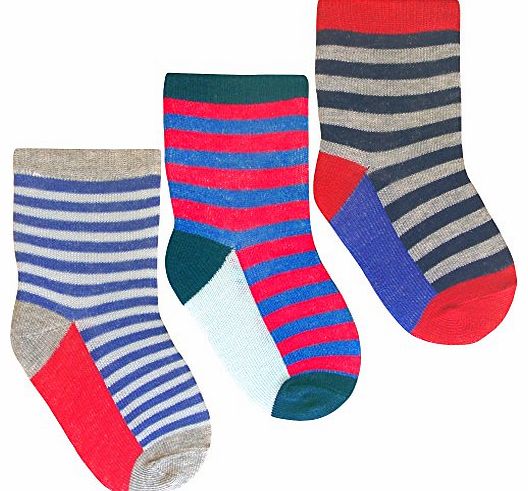 Baby Boys Luxury Colourful Cotton Rich Cars & Stripes Socks (3 Pair Multi Pack) (UK 3-5.5 (EUR 19-22), Red & Blue Stripes)