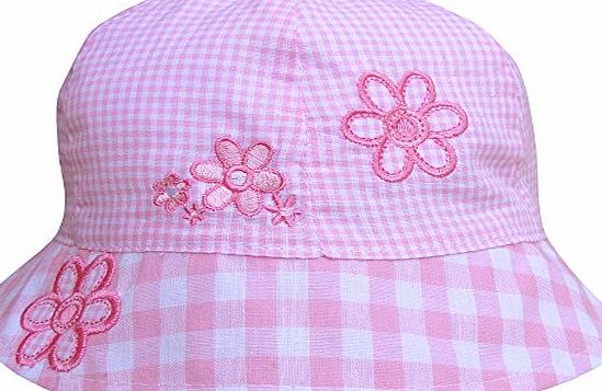 TeddyTs Baby Girls Pretty Pink Summer Sun Hat with Floral Daisy amp; Bow Detail (3-6 Months (46cm), Checkered Daisy)