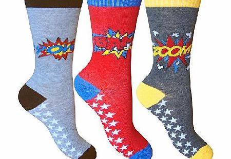TeddyTs Boys Colourful Cotton Rich Comic Book Superhero Socks (3 Pair Multi Pack) (UK Junior Shoe 6-8.5 (EUR 22-26))