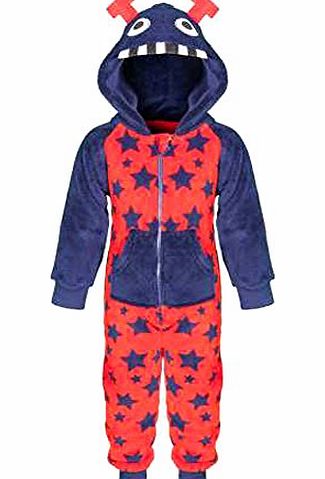 Boys Thermal Super Soft & Fluffy Monsters All In One Onesie Pyjamas (3-4 Years, Red & Navy Blue)