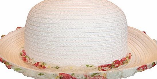 TeddyTs Girls Crushable Straw Summer Sun Beach Hat with Floral Lace Trim Detail (3-5 Years (53cm), White)