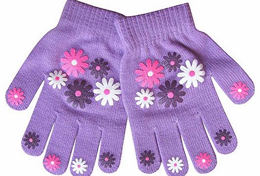 Girls Hearts & Flowers Design Magic Stretch Thermal Winter Gloves (Lilac Flowers)