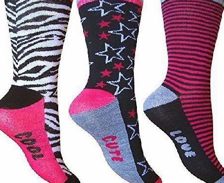 TeddyTs Girls Stars, Stripes amp; Zebra Print Funky Everyday Socks (3 Pair Multi Pack) (UK Junior Shoe Size