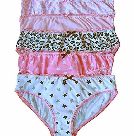TeddyTs Girls Super Soft Colourful Design Cotton Briefs Knickers Set (5 Pack) (11-12 Years, Stars amp; Leopard Print)