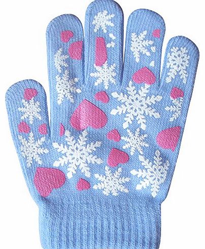 Girls Super Soft Fine Knit Magic Stretch Gripper Winter Gloves (Baby Blue Hearts & Snowflakes)