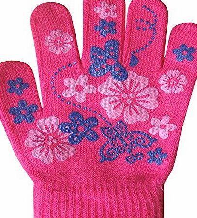 TeddyTs Girls Super Soft Fine Knit Magic Stretch Gripper Winter Gloves (Pink Flowers amp; Butterflies)