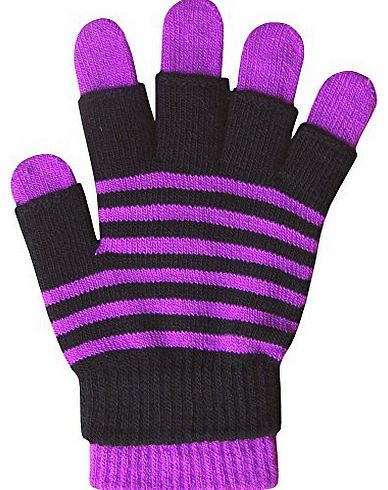 Ladies & Girls Super Soft Stripy Magic 2 in 1 Winter Gloves with Fingerless Gloves (Purple Stripes)