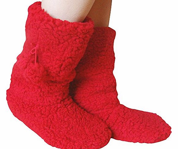 Ladies Fleece Lined Thermal Super Soft Fluffy Winter Slipper Boots (Red)