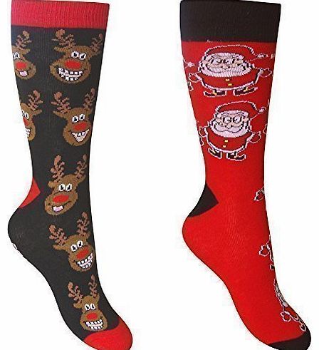 TeddyTs Mens Funky Colourful Novelty Festive Christmas Socks (2 Pair Multi Pack) (Reindeer 