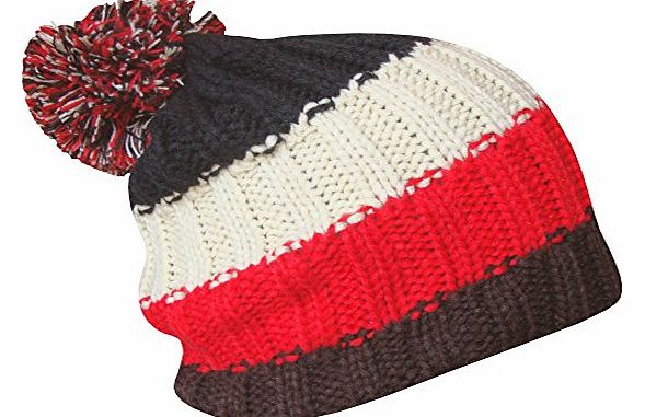 Mens Soft Chunky Knitted Stripy Slouch Winter Beanie Bobble Hat (Red Black & Cream)
