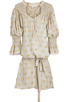 Taupe silk blend polka dot tunic blouse with smocked neckline.