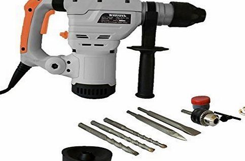 Terratek 1500W SDS Plus Rotary Hammer Drill, Includes Auxiliary 3-Jaw Chuck amp; Key, Complete with 5pc Drill Bit amp; Chisel Set