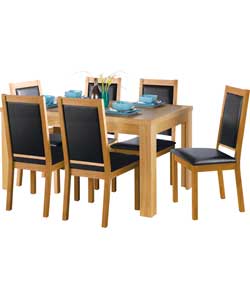 Oak Dining Table and 6 Black Cushion Chairs