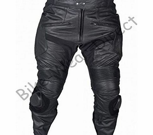 Mens Plain Black Cowhide Leather Motorcycle Biker Trousers With Sliders Waist 34 Leg 34