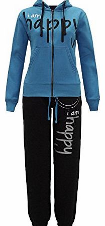 The Amber Orchid  NEW WOMENS LADIES I AM HAPPY PRINT CELEBRITY HOODED JOGGING SUIT TRACKSUIT TURQUISH BLACK M