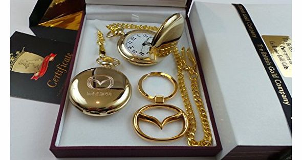 The British Gold Company 24K Gold Finished Designer Mazda Pocket Watch and Keyring MX5 Key Fob CX7 Keychain in luxury case