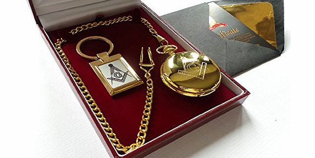 The British Gold Company Freemasons Masonic Pure 24k Gold Keyring AND Pocket Watch Gift Set Brotherhood Crest Emblem