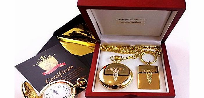 The British Gold Company Pure Gold Clad Caduceus Doctor Nurse Medical Worker Gift Idea 24k Gift Set Pocket Watch and Keyring Ambulance Dentist