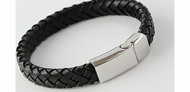 The Charm Cabin MENS PERSONALISED BLACK LEATHER BRACELET FREE ENGRAVING - The Stainless Steel clasp can be engraved with NAMES, BIRTHDAY etc - GIFT BOXED