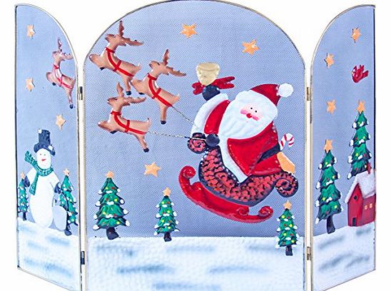 The Christmas Workshop 63 cm Santa and Sleigh with Snowman Decorated Fire Guard Surround