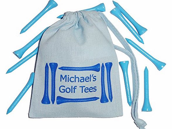 Blue Personalised Golf Tees Bag PLUS 10 Blue Golf Tees - Cotton Drawstring bag 10cm x 14cm